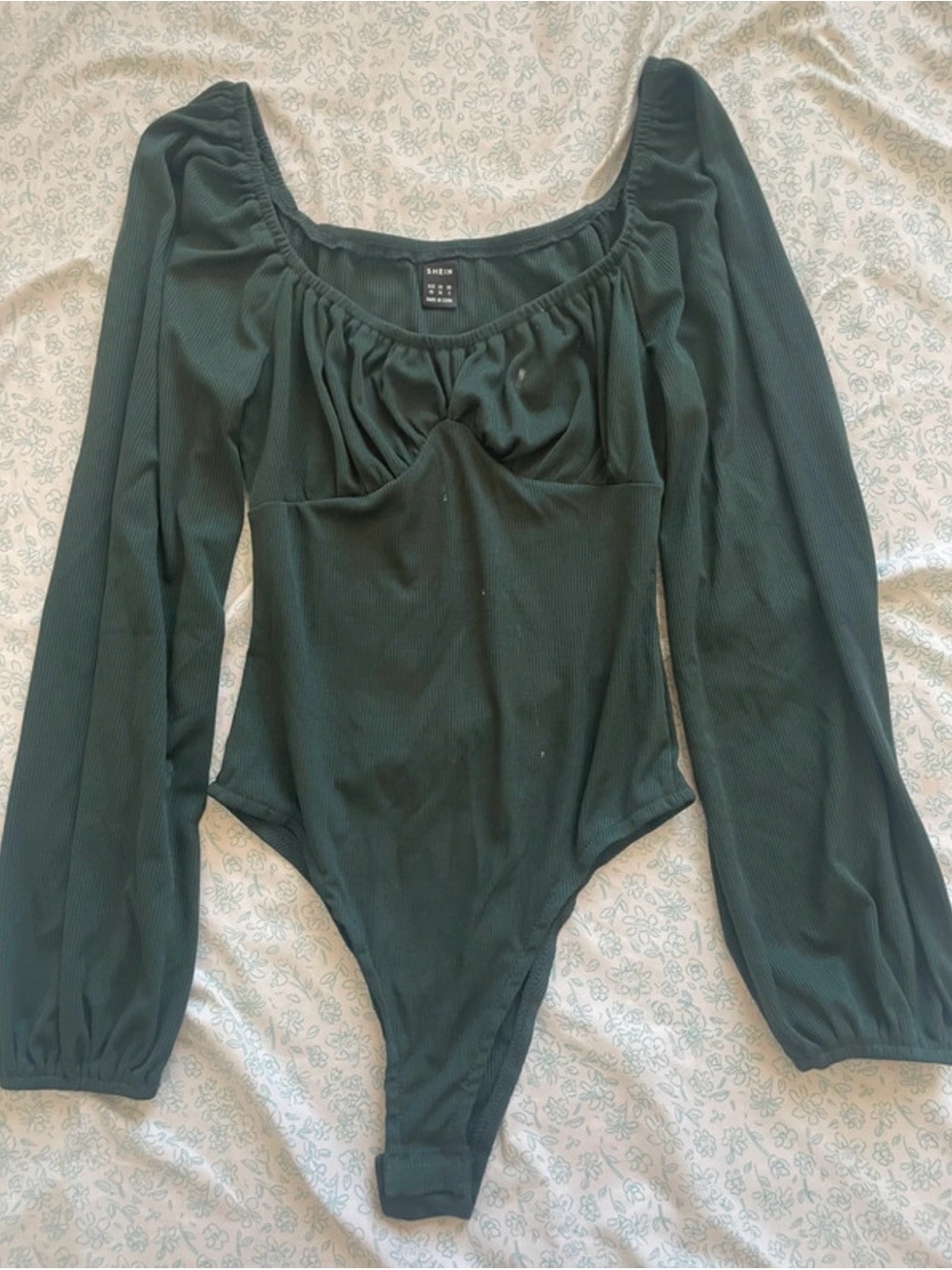 SHEIN Dark Green Ribbed Long Sleeve Girls' One-Piece Bodysuit